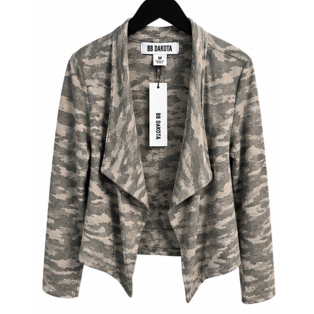 BB Dakota Camo Draped Open Front Tie Back Jacket BK202160 Green Tan Medium NWT